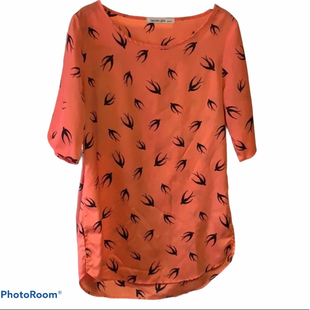 Janette Girls Coral Tunic with Black Sparrow Bird Pattern, Sz Small
